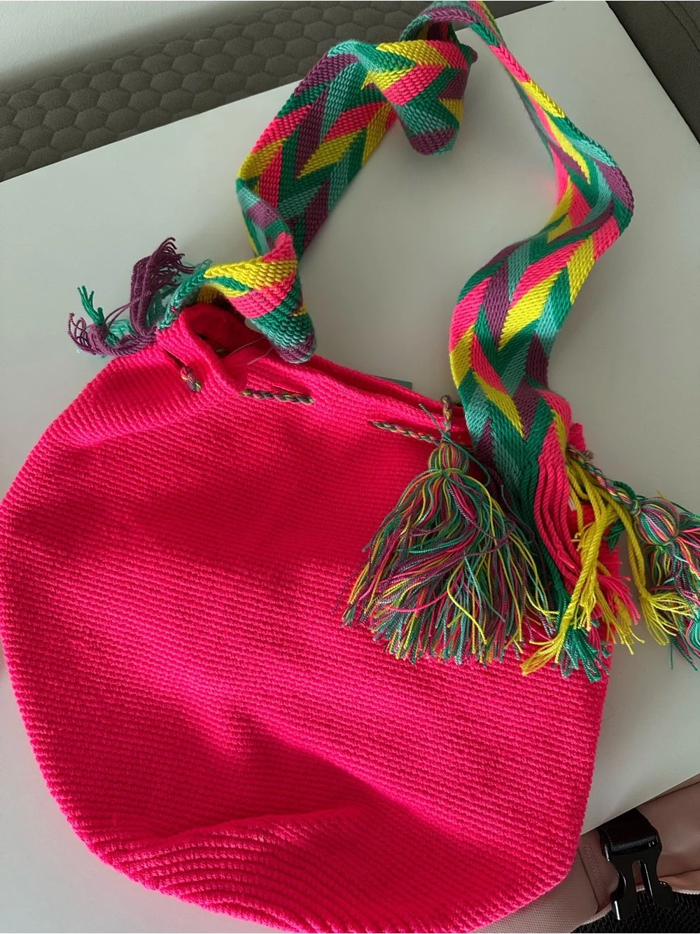 Bright Pink Handwoven Bucket Bag with Multicolor Strap
